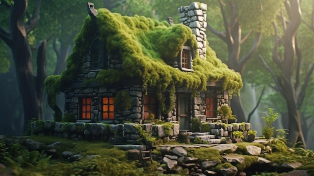 Maravillosas cabañas de piedra, bosque, hobbit, casas, imágenes, arte generado por IA.