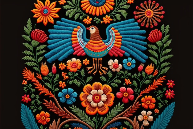 Maravillosas características textiles de bordado mexicano con patrón de pájaros y flores.