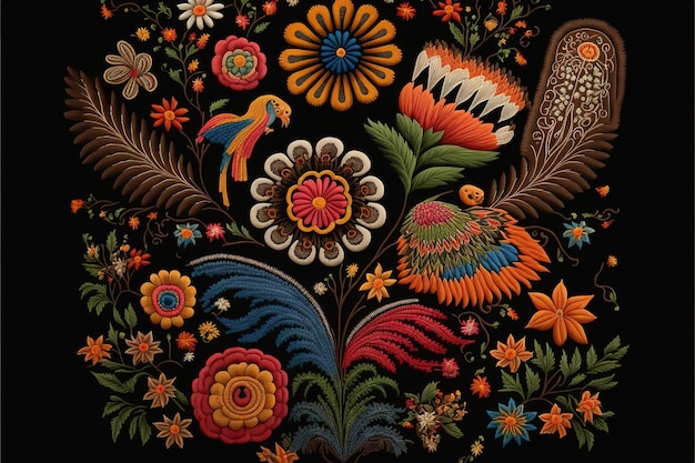 Maravillosas características textiles de bordado mexicano con patrón de pájaros y flores.