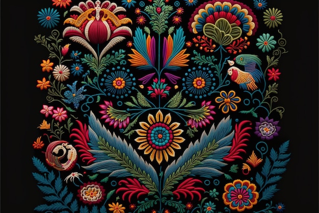 Maravillosas características textiles de bordado mexicano con patrón de pájaros y flores.