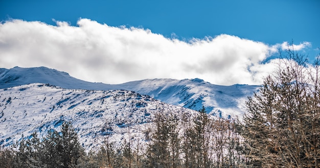 Maravillosas vistas del fondo del paisaje de una escena de montaña nevada de invierno