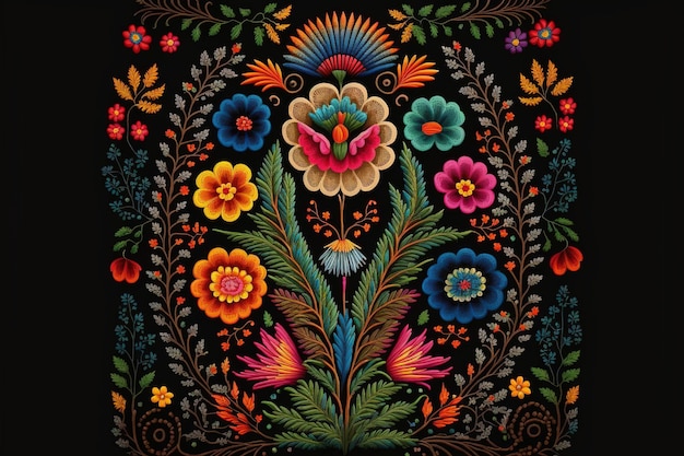 Maravilloso bordado mexicano con estampado de flores de colores textiles