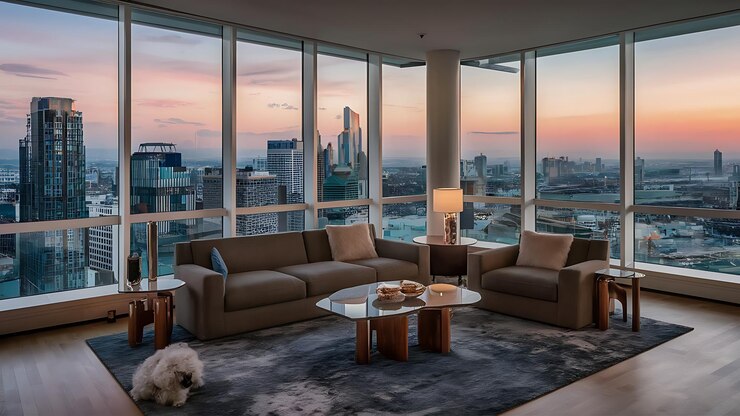 Maravilloso diseño de interiores de ático con paisaje urbano