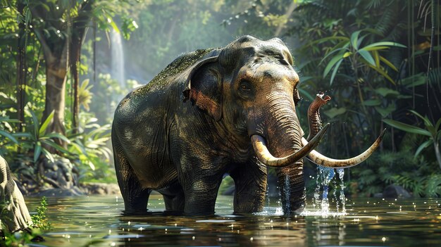 Foto maravilloso un elefante macho asiático está disfrutando del baño