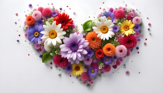 Un maravilloso y elegante corazón de amor en 3D hecho de flores frescas sobre un fondo blanco