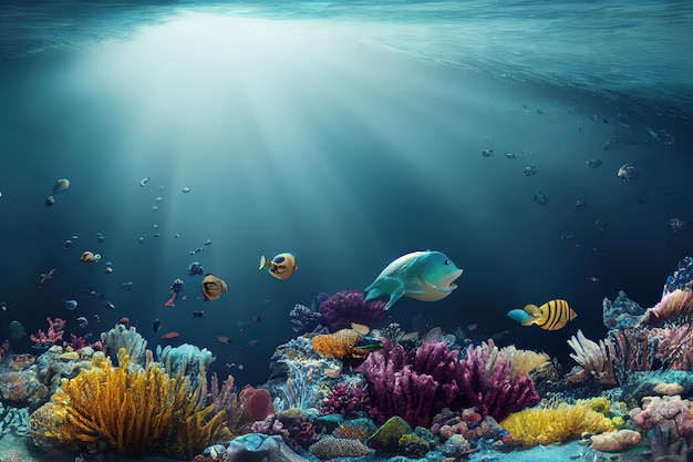 Maravilloso y hermoso mundo submarino con corales y peces tropicales 3d render Ilustración de trama