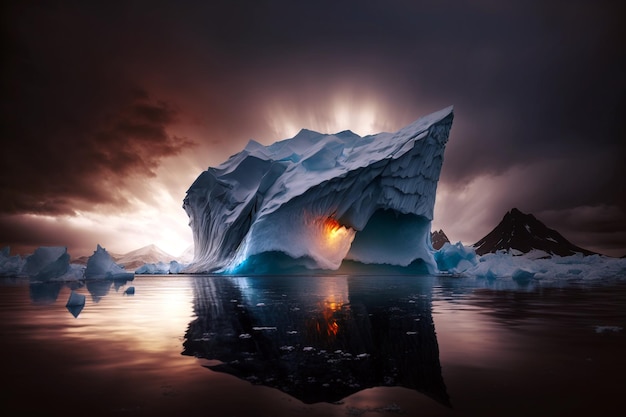 Maravilloso iceberg con hermoso reflejo en el concepto del mar con un cielo dramático
