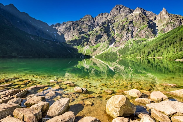 Maravilloso lago en las montañas al amanecer Polonia Europa