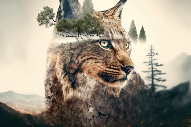 Maravilloso lince de diseño moderno con fondo de naturaleza de doble exposición