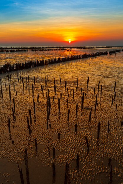 Maravilloso mar La playa al atardecer durante la marea baja Hora dorada atardecer Reflejo de la luz del sol en el agua