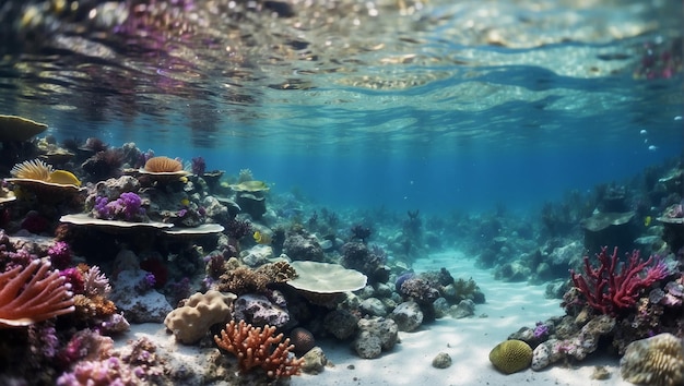 Maravilloso océano submarino lleno de colores y corales muchas conchas marinas