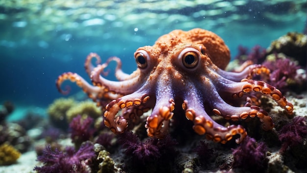 Foto maravilloso océano submarino lleno de colores y corales con un pulpo muy lindo y detallado