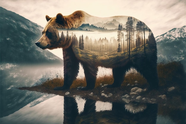 Maravilloso oso grizzly marrón en doble exposición con bosque natural de taiga