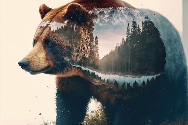 Maravilloso oso grizzly marrón en doble exposición con bosque natural de taiga