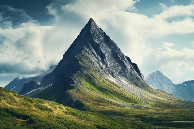 Foto maravilloso paisaje alpino con una montaña gigante con un pináculo puntiagudo