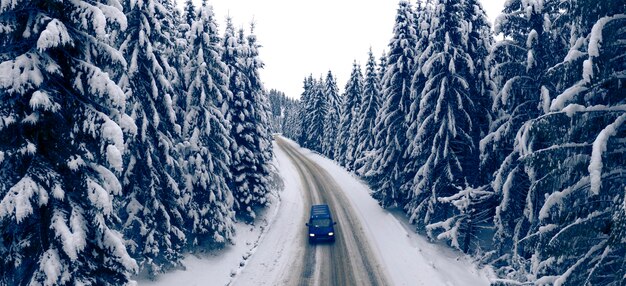 Maravilloso paisaje de montaña de invierno. Camino en el bosque nevado de invierno. Vista de drones.