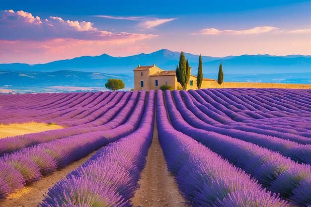 Maravilloso paisaje de verano con campos de lavanda en la Provenza Valensole Francia