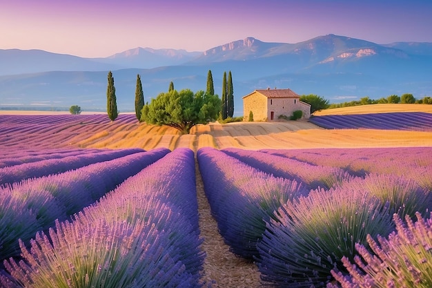 Maravilloso paisaje de verano con campos de lavanda en la Provenza Valensole Francia