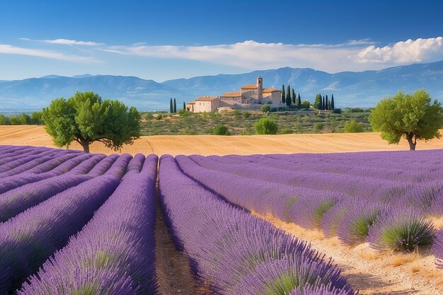 Foto maravilloso paisaje de verano con campos de lavanda en la provenza valensole francia