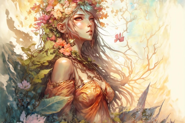 Maravilloso retrato de fantasía de la princesa elfa de madera de la diosa con corona de flores