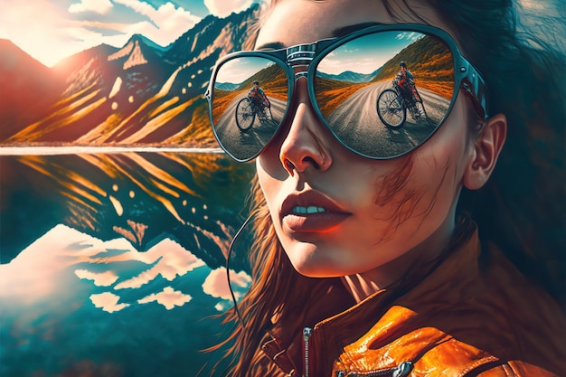 Maravilloso retrato de motociclista con gafas de sol y reflejo de montaña