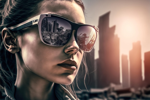 Maravilloso retrato de mujer con gafas de sol reflejo de espejo de la ciudad