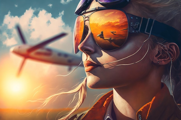 Maravilloso retrato de mujer piloto con gafas de sol reflectantes contra el cielo