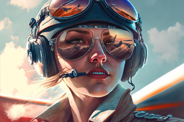 Maravilloso retrato de mujer piloto con gafas de sol reflectantes