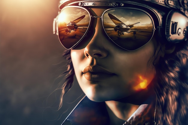 Maravilloso retrato de mujer piloto con gafas de sol reflectantes contra el cielo