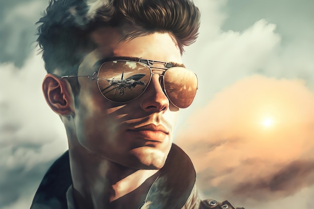 Maravilloso retrato de primer plano de piloto masculino con gafas de sol reflectantes contra el cielo