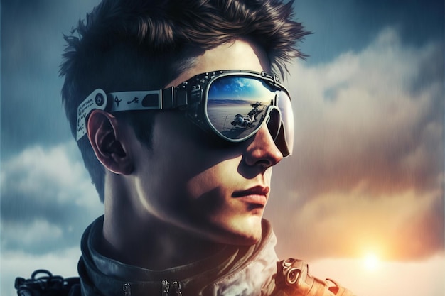 Maravilloso retrato de primer plano de piloto masculino con gafas de sol reflectantes contra el cielo