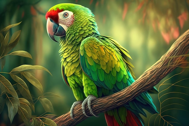 Maravillosos matices que se encuentran en la naturaleza encantador pájaro loro salvaje Primer plano de un gran guacamayo verde contra un entorno natural