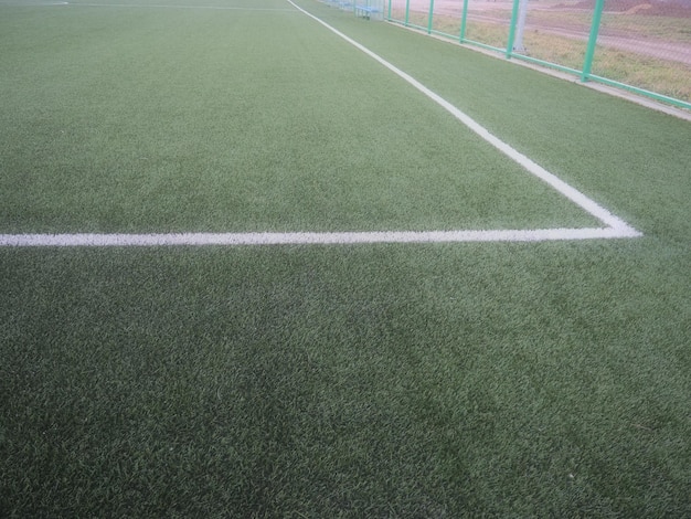 La marca del campo de fútbol sobre el césped verde Líneas blancas de no más de 12 cm o 5 pulgadas de ancho Área del campo de fútbol