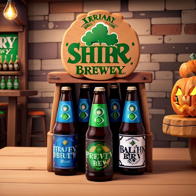Foto marca de cerveza fuerte casual de la cervecería irlandesa para halloween botella de cerveza taza de cerveza barril calabazas