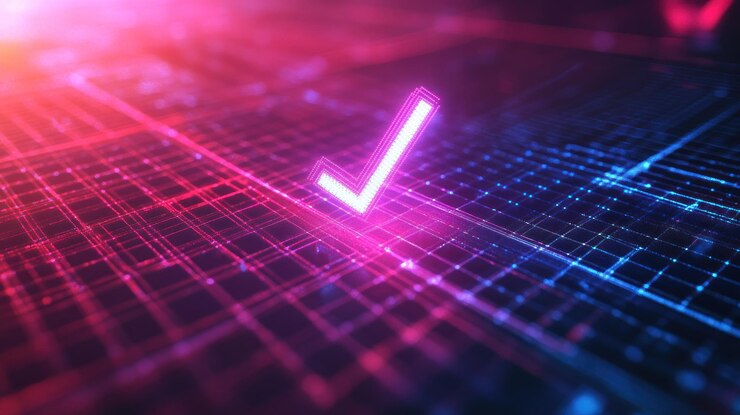 Marca de comprobación digital en una cuadrícula de red que brilla con colores vibrantes