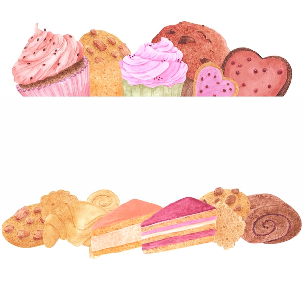 Marca de padaria de aquarela desenhada à mão Ilustração de alimentos isolados em fundo branco Pode ser usada para álbum de cartões postais e outros produtos impressos
