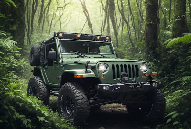 Marca de veículo de estrada Jeep Wrangler na selva