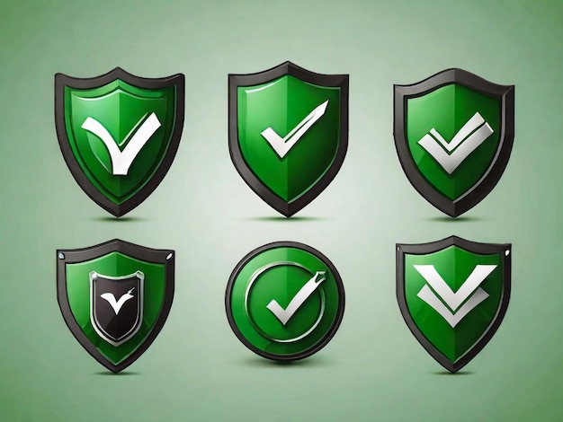 Marca de verificação verde com ícone de escudo definido e símbolo de marcação em ilustração vetorial de cor verde