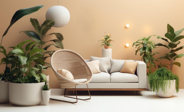 marca de plantas artificiales modernas diseño minimalista con muchos espacios en blanco muebles blandos IA generativa