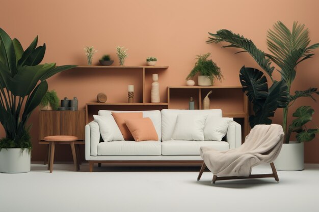 marca de plantas artificiales modernas diseño minimalista con muchos espacios en blanco muebles blandos IA generativa