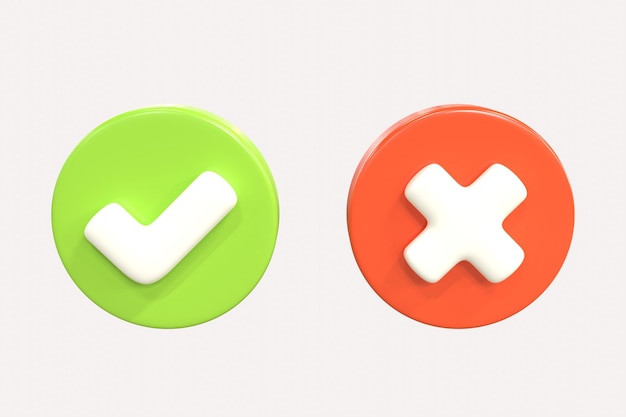 Marca de verificación cruzada 3D, marque el icono redondo brillante. Cancelación de renderizado realista, visualización correcta de signos