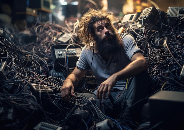 Foto un marcado contraste entre un individuo frustrado rodeado por un lío de viejos cables tecnológicos y un relajado
