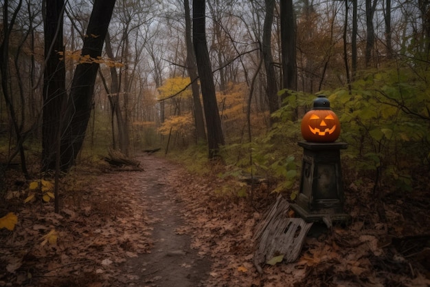 Marcador de trilha assustador na floresta com lanterna e jackolantern criado com ai generativo