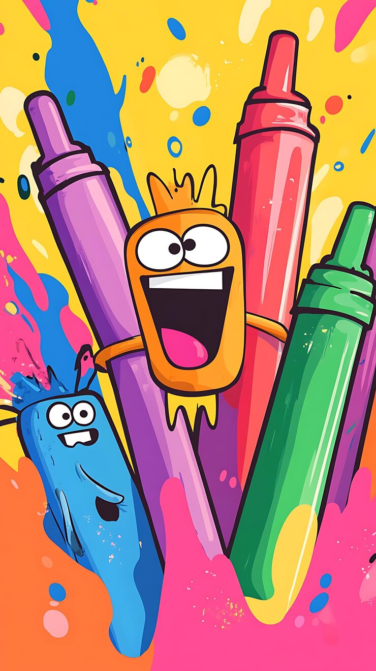 Foto marcadores de desenhos animados coloridos com expressões lúdicas contra um fundo vibrante