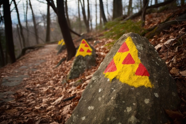 Foto marcadores de senderos que están pintados en árboles o rocas para mayor visibilidad creados con ia generativa