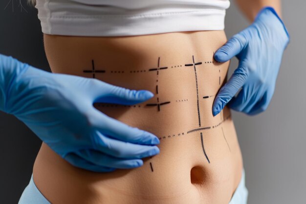 Marcar el abdomen de los pacientes para la cirugía en la clínica