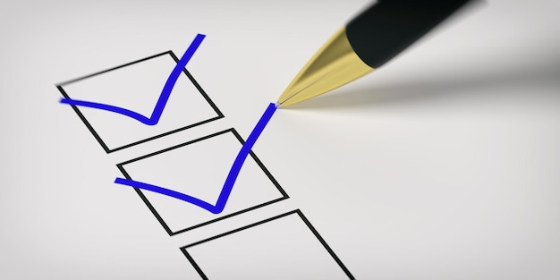 Marcas azules en una lista de verificación ilustración 3d