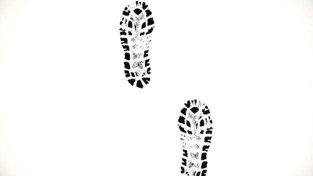 Marcas de zapatos en fondo blanco animación abstracta de caminar frente a las huellas de botas negras en blanco