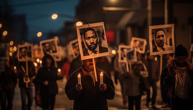 Marcha à luz de velas por uma rua da cidade com participantes segurando fotos de MLK