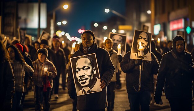 Foto marcha à luz de velas por uma rua da cidade com participantes segurando fotos de mlk